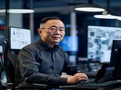 美熟母技术研发总监王晓峰先生，坐在双屏幕工作站前专注调试产品，背景是整洁的技术办公室，体现品牌数字化建设的技术实力