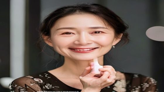 美熟母用户王女士分享护肤心得的照片，45岁职场女性面容焕发光彩，手持美熟母推荐的护肤产品，展现成熟女性的自信之美