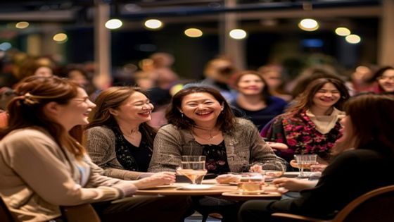 美熟母社群线下活动现场，一群40至55岁的成熟女性围坐分享美丽心得，气氛热烈而温暖，体现品牌社群凝聚力