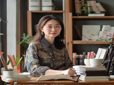 美熟母首席内容官刘薇薇女士，在整洁明亮的内容工作室中专注撰写，桌上摆放着护肤品与专业书籍，展现内容创作的专业态度